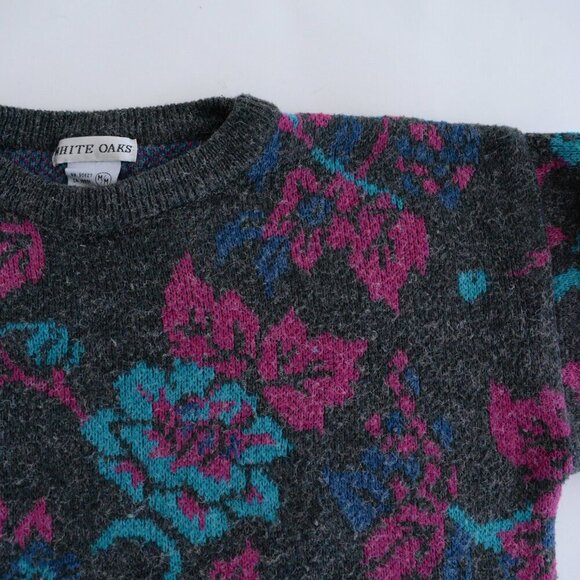 Vintage White Oaks Grey w Pink Teal Floral Knit Crewneck Sweater M - Picture 10 of 13